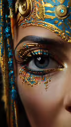 a close up of a blue eye with gold and jewels,close up of an indian eye wearing blue, gold and red makeup