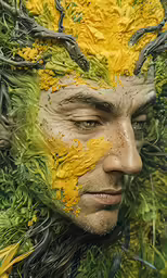 a man wearing green, yellow and white foliage is staring ahead