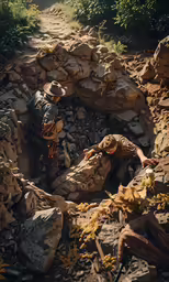 two people climbing up a trail in the mountains