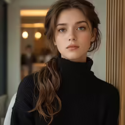 a woman in black and white shirt leaning against wall