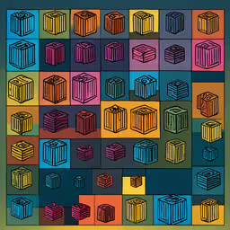 various colored crates are shown with an array of them,several different colored blocks in the shape of boxes