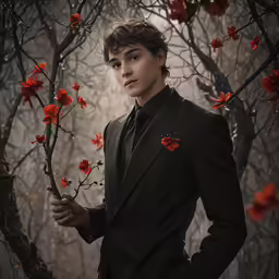 a boy in a black suit and red flowers