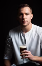 a young man holding a beer in one hand and wearing a white shirt