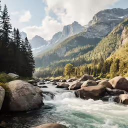 a stream of water near a forest with mountains