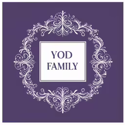 a card saying yod family on a purple background