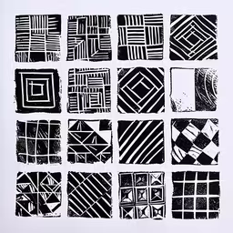 a painting that has been done on a wall,eight squares of squares in various sizes