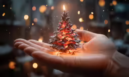 a person holds a tiny christmas tree in their hands