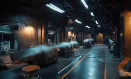 a large warehouse with some chairs, lights and people walking by