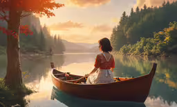 a woman is sitting in a boat on the river,a woman is paddling a canoe in the water