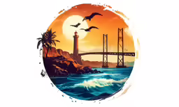 a bird flying over the ocean and a lighthouse