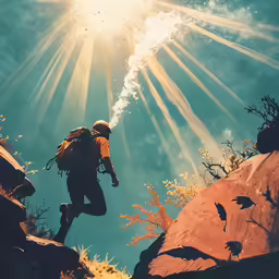 a man climbing up into the sky with his back pack