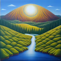 an abstract painting of a mountain river and trees in the foreground,a painting of a river surrounded by trees and hills,a painting of a stream with trees by it,a painting of a river and mountains,the sun is shining over a landscape of water