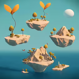 four floating islands with trees and houses in the ocean