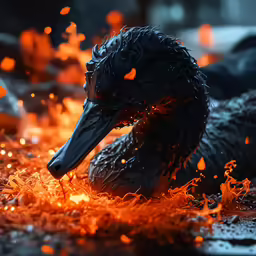 a bird sits on top of a pile of fire