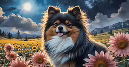 a painting of a dog is standing in a field of flowers