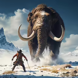 an elephant and man in the snow with mountains behind
