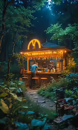 a person standing at a wooden booth in a forest