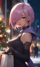 a anime girl holding onto a small gift bag