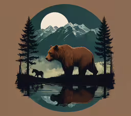 a bear and two elk at a lake on the side of a mountain with a full moon in the background,a bear and cub are walking away from the river