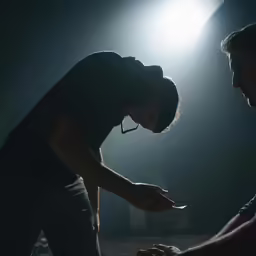 one man wearing glasses is holding onto another mans finger