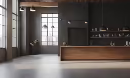 a kitchen with wooden cabinets and flooring has a white tiled floor