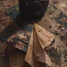 a camera with an old book and papers next to it