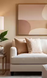 a living room with a white couch and beige decor