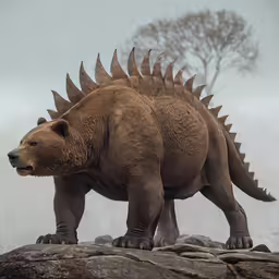 a large bear with long spikes walking on top of rocks