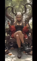 a blonde woman with horns on sitting in a chair