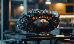 a metal object is surrounded by black and gold wires