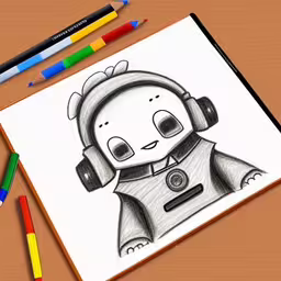 a cartoon bear wearing headphones while sitting next to some markers,an illustration of a robot on paper with markers and crayons