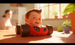 an infant sits on the floor with a plastic toy
