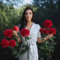 a woman holds out some flowers in front of her face