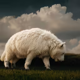 the white furry animal is standing in a field