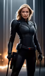 a woman in a black costume holding two guns
