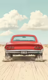 an old red car driving in the desert
