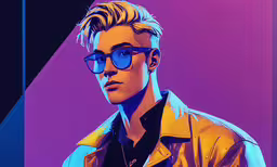 a male with a leather jacket, black shirt and glasses,the young man in glasses is wearing a yellow leather jacket