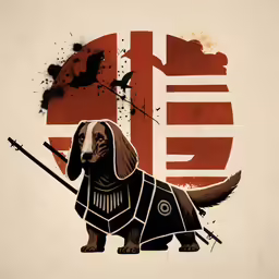 a dog wearing a shirt with a sword