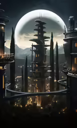 a city landscape with many buildings, and a big moon