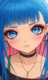 a cartoon girl wearing blue hair and big blue eyes