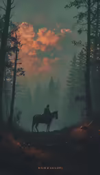 a lone person riding on a horse in the middle of a forest