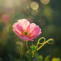 pink flower with green leaves during a sunny day,a pink flower on green leaves covered by rain