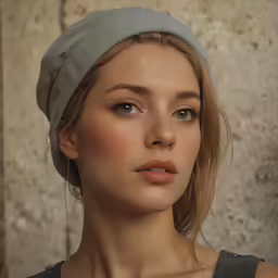 a woman in grey shirt and grey cap