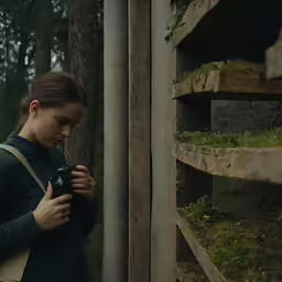 the woman is taking pictures of some moss
