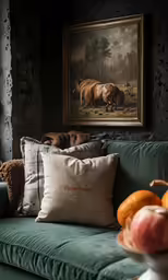 a room with a couch, coffee table and painting on the wall