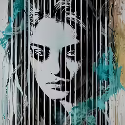 the painting is multi - colored and features bars drawn on it