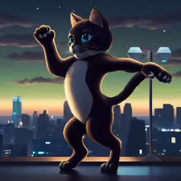 a black and white cat on a roof with a street lamp in the background