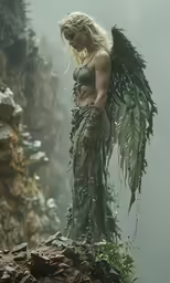 woman with wings in forest setting wearing mossy outfit
