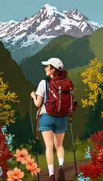 there is a woman with a backpack and two hiking poles,a woman with hiking equipment standing on the top of a hill