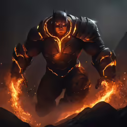 a large man standing in front of a burning lava